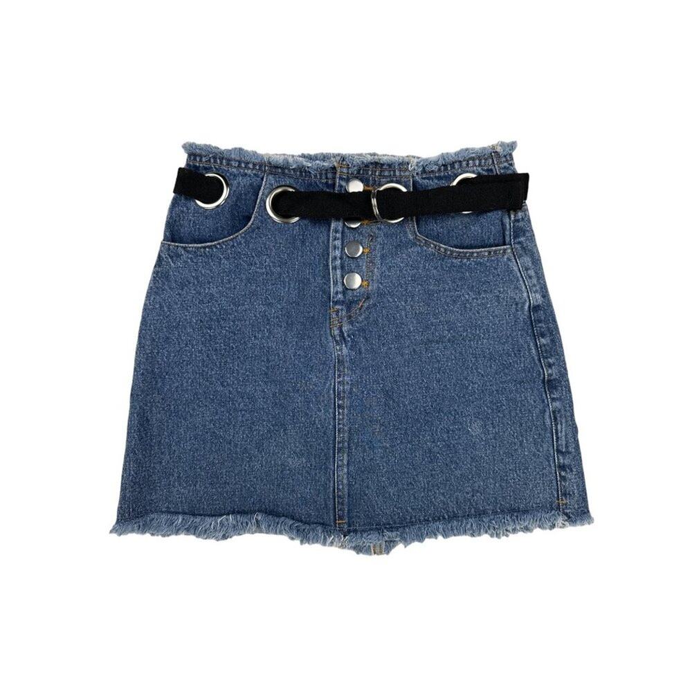 Honey Punch - Eyelet Belted Mini Skirt in Blue & Black